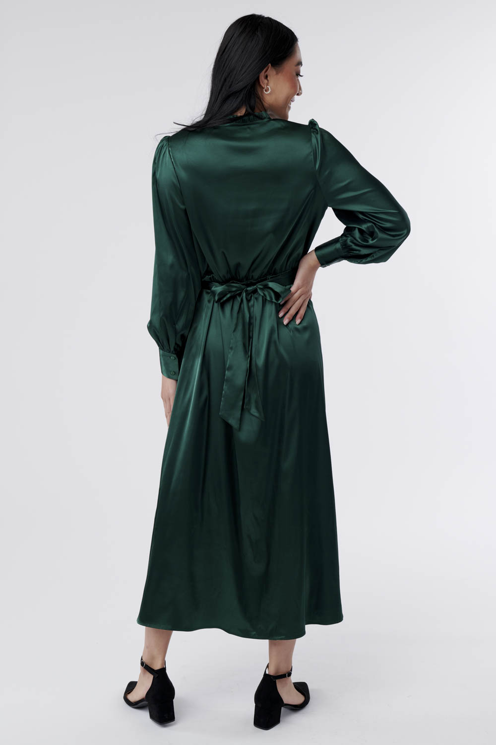 Evelyn Silky Long Sleeve Dress- Green