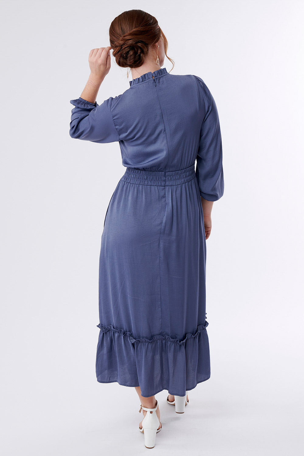 Victoria Pin Tuck Ruffled Dress- Blue