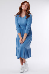 Laura Ribbed Tiered Midi Dress-Blue