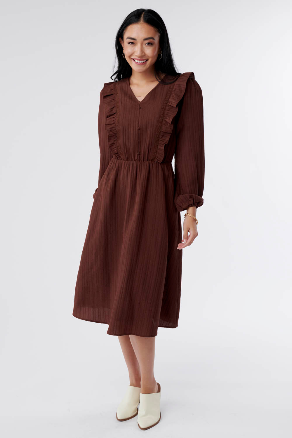 Amelia A-line Ruffled Brown Midi Dress