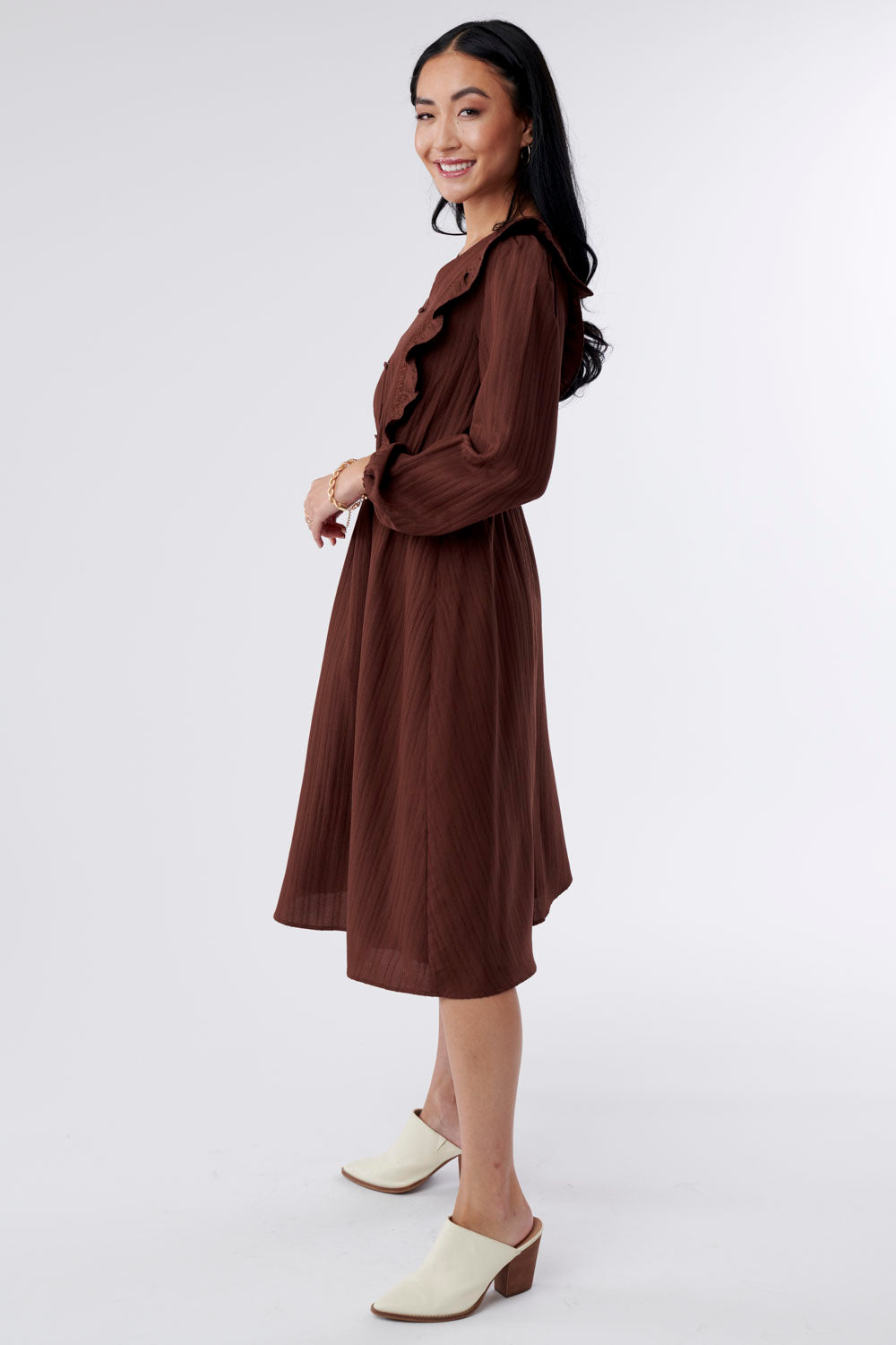 Amelia A-line Ruffled Brown Midi Dress