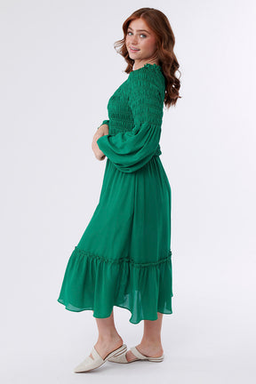 Lily Smocked Tiered Midi Dress-Green