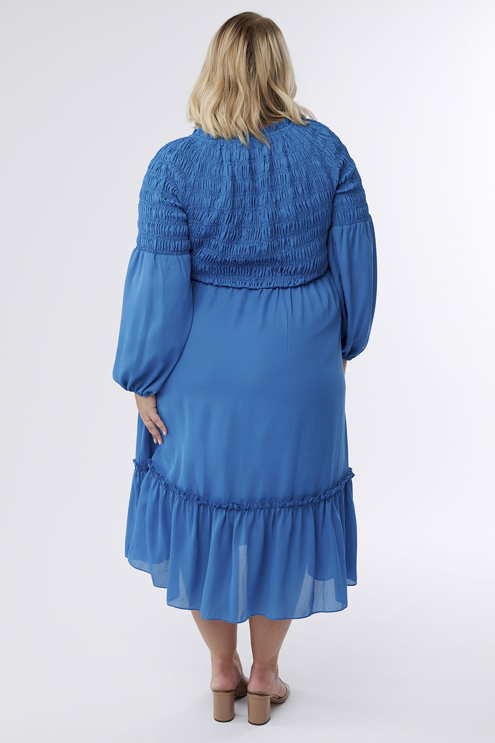 Lily Smocked Tiered Midi Dress-Blue