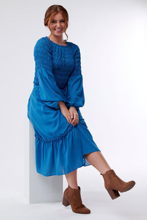 Lily Smocked Tiered Midi Dress-Blue