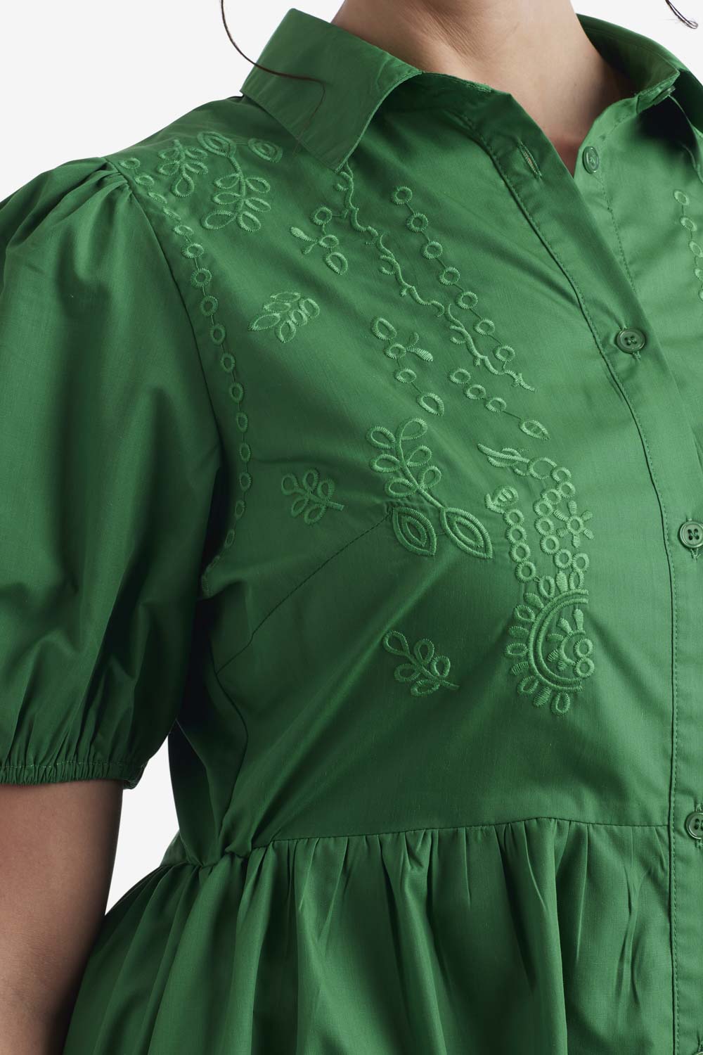 Finley Puff Sleeve Embroidered Green Dress