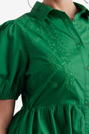 Finley Puff Sleeve Embroidered Green Dress