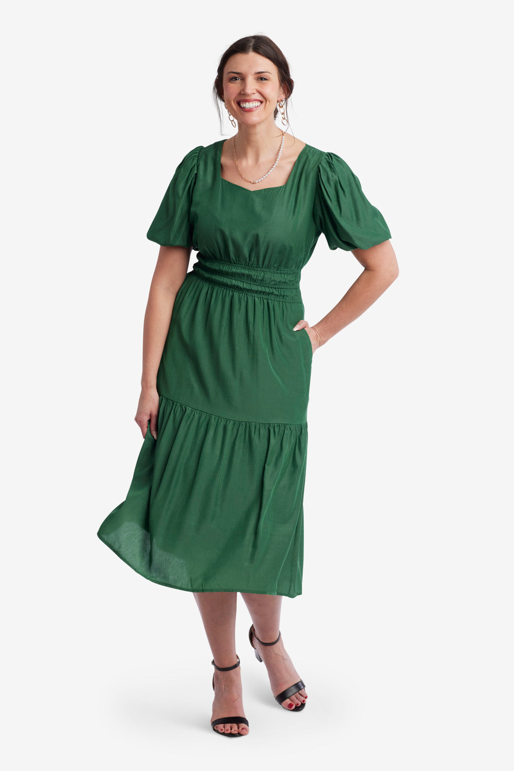 Piper Smocked Waist Midi Dress-Green