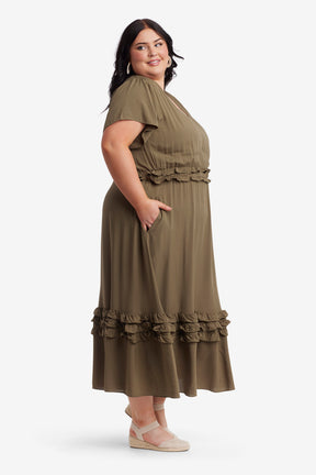 Fiona Ruffled Midi Dress-Olive