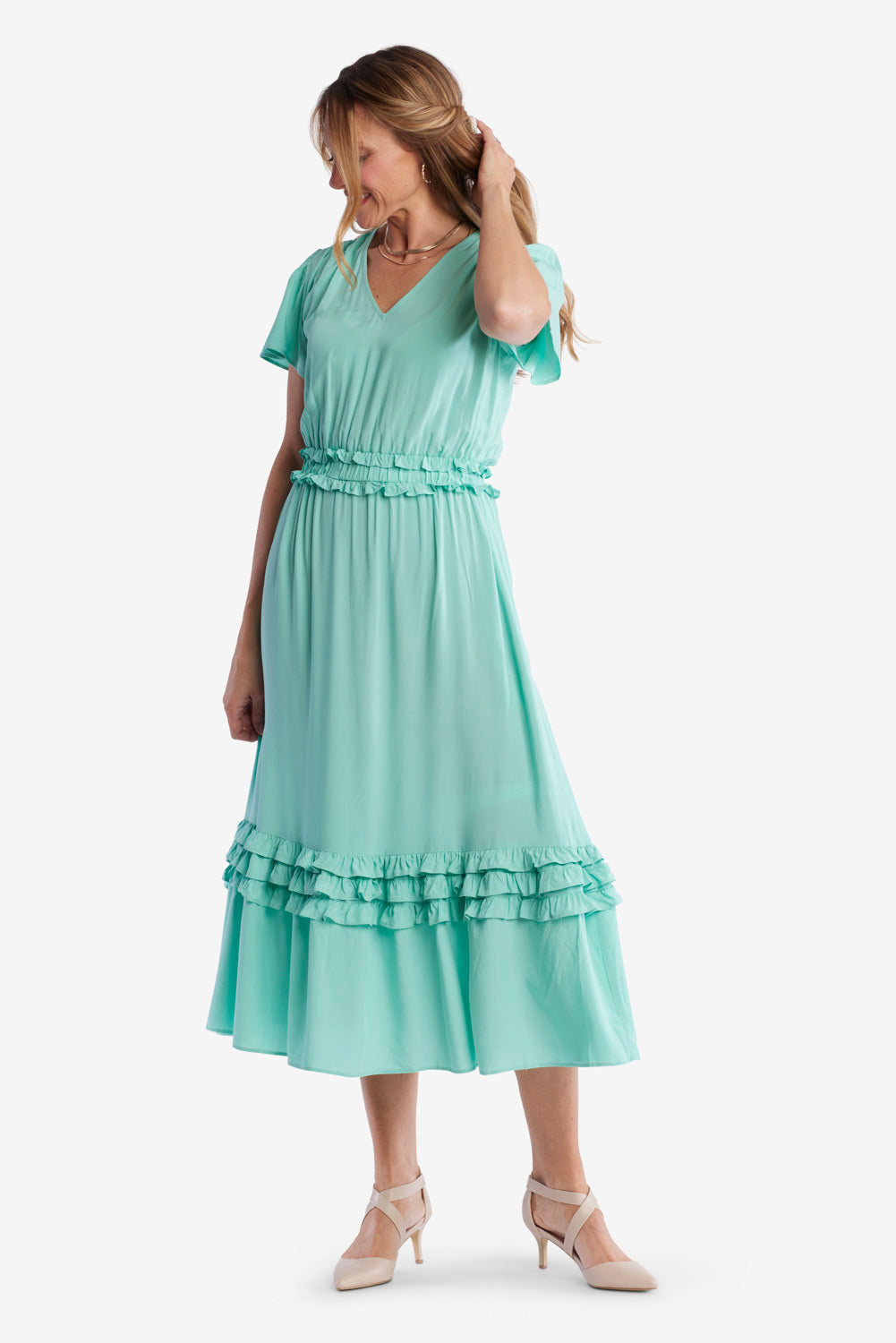 Fiona Ruffled Midi Dress- Mint Green
