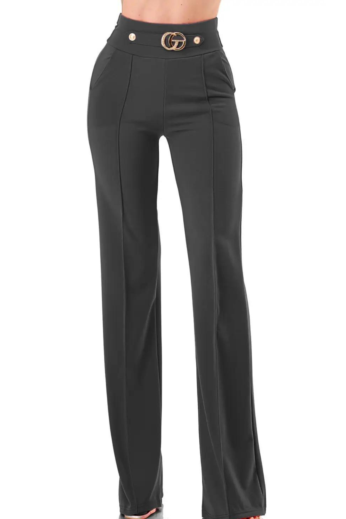 Glam High Waisted Black Pants with Buckle