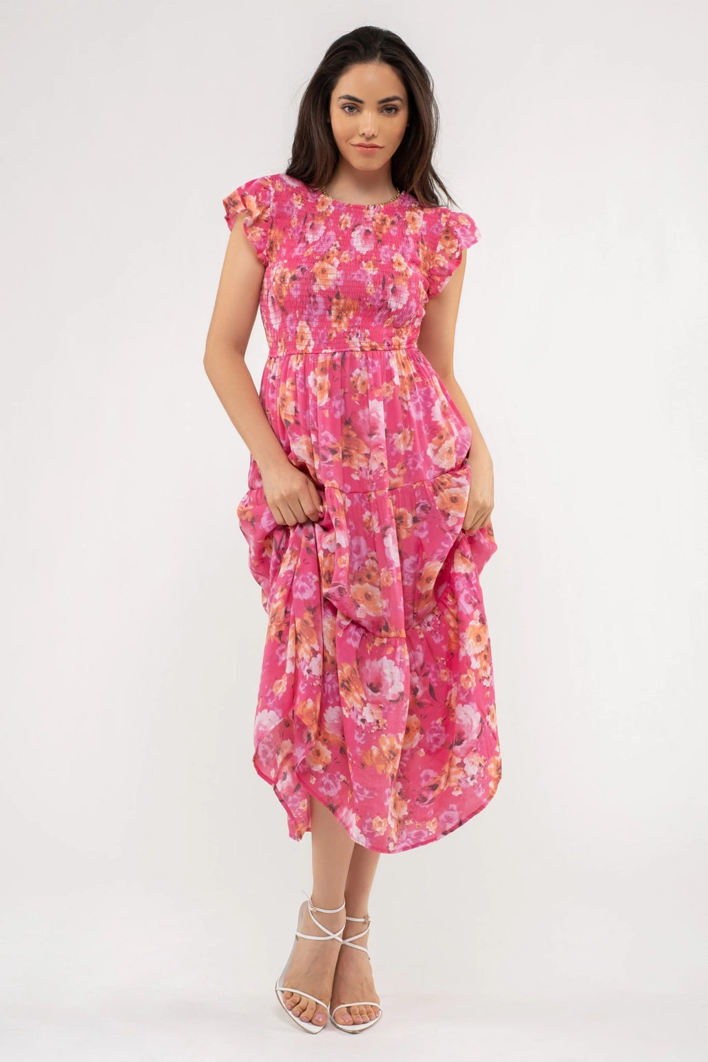Pricilla Smocked Floral Midi Dress-Pink