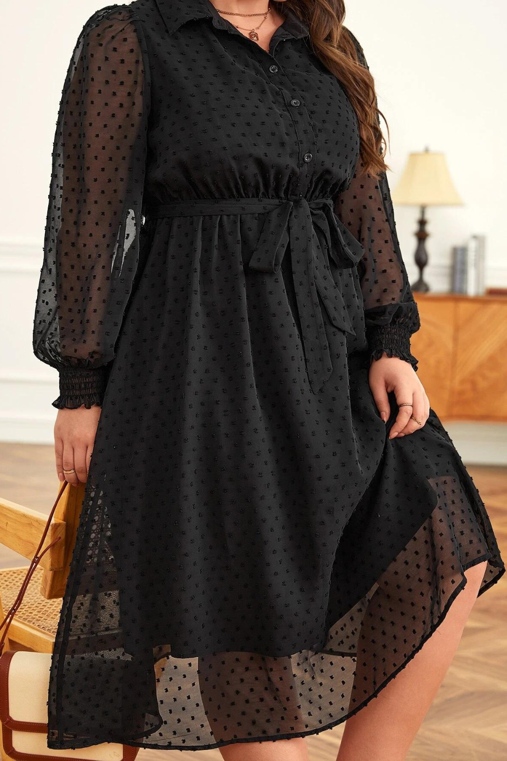 Curvy Melanie Black Swiss Dot Midi Dress