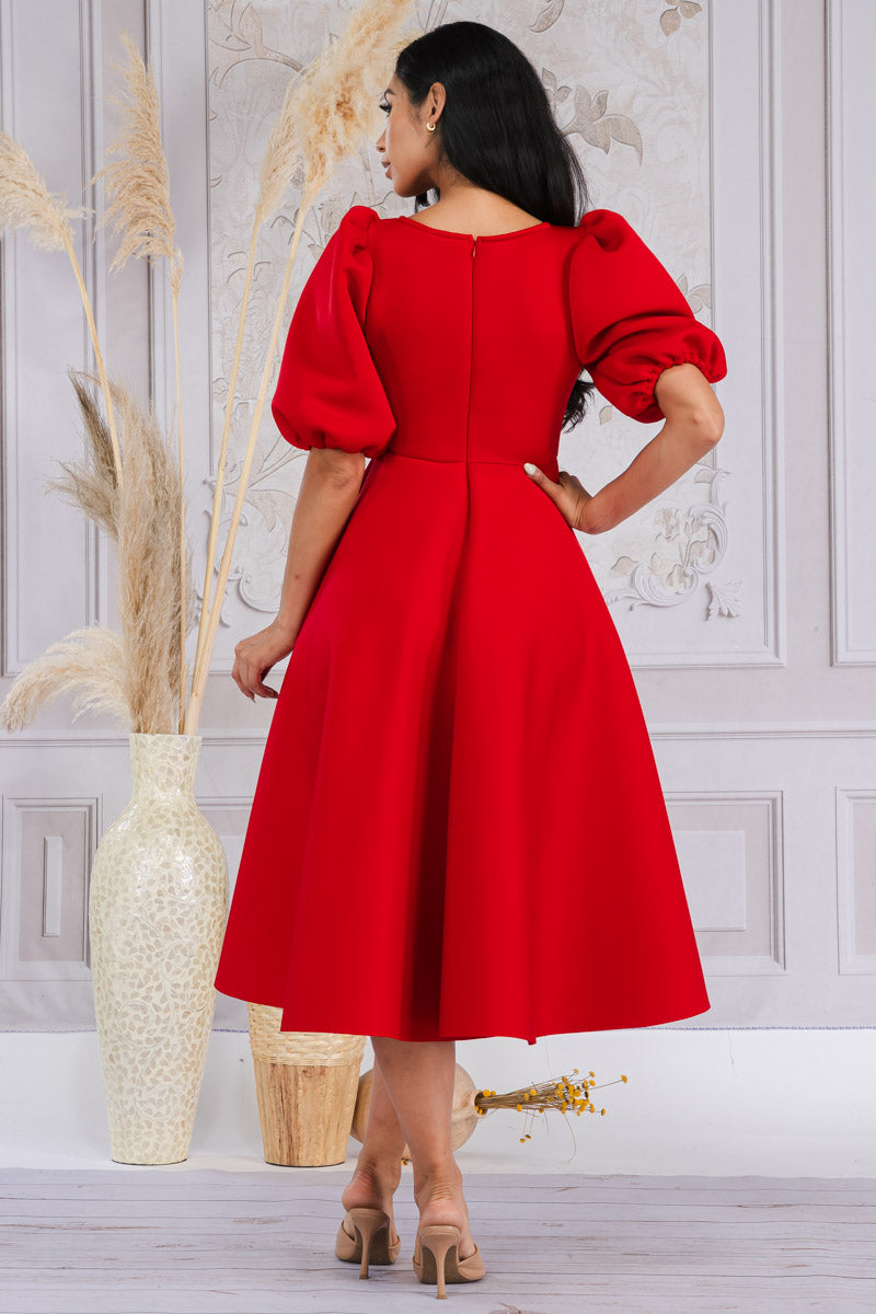 Keep it Interesting Puff Sleeves Dress-Red