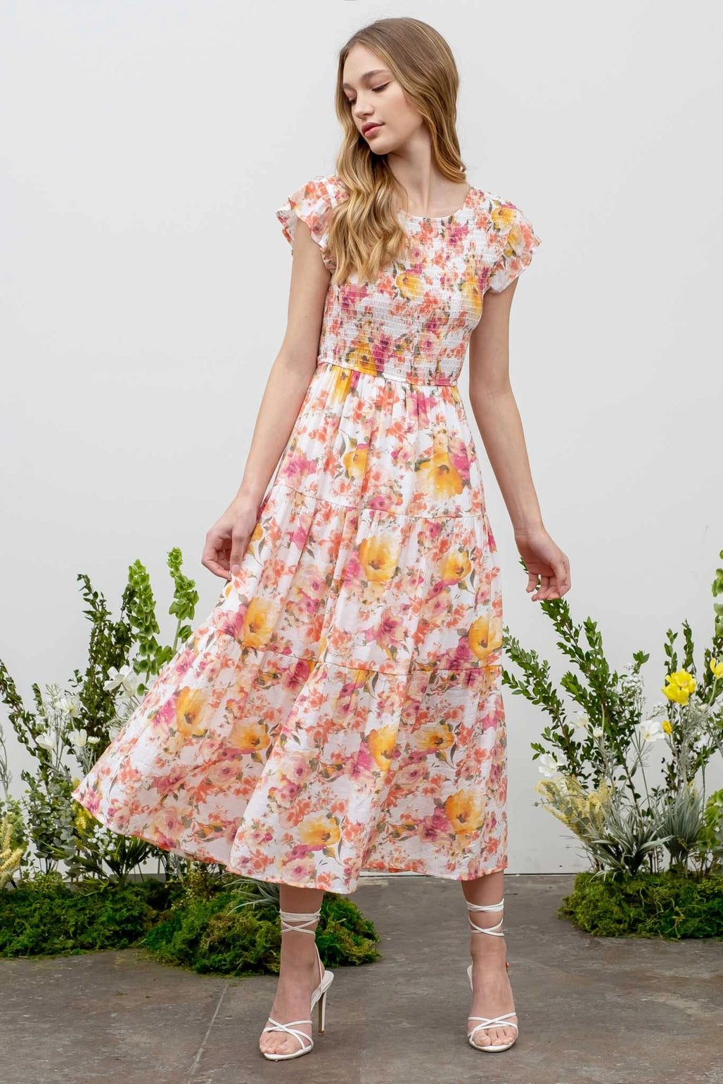 Pricilla Smocked Floral Midi Dress-Ivory