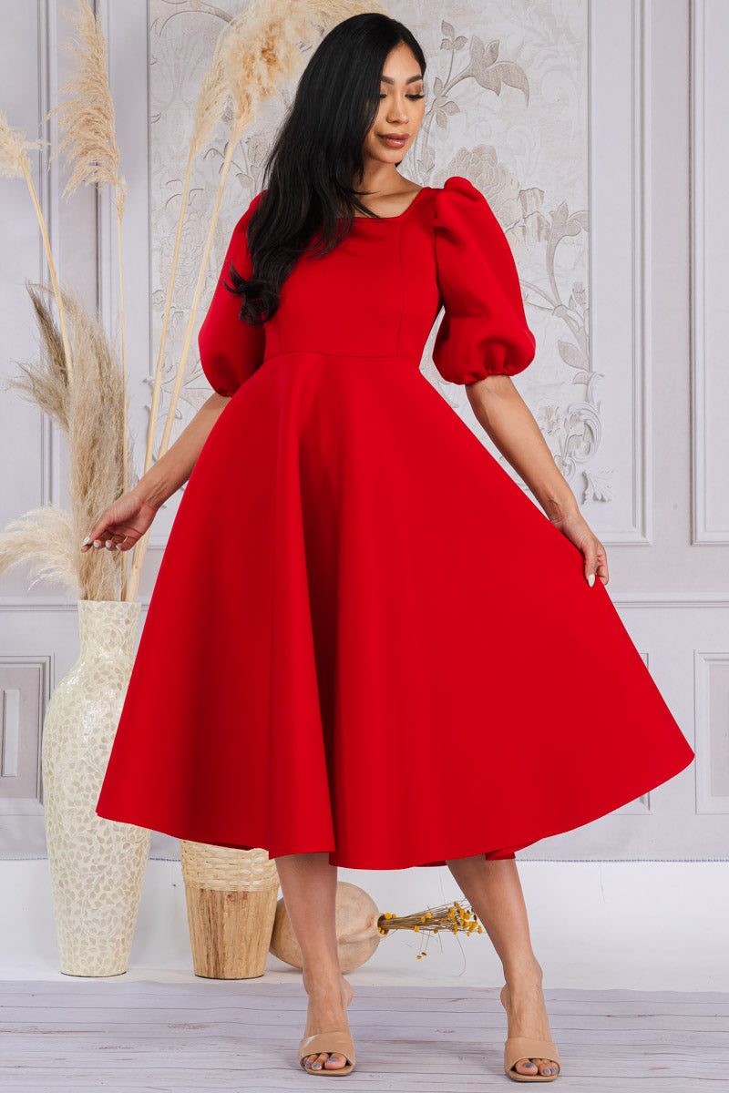Keep it Interesting Puff Sleeves Dress-Red