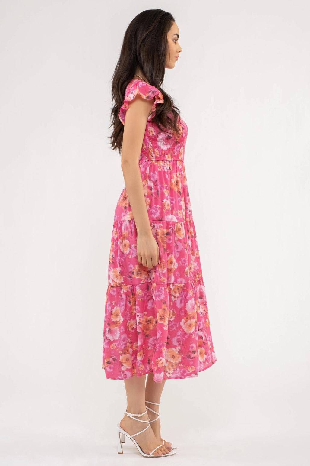 Pricilla Smocked Floral Midi Dress-Pink