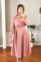 Sophisticated 3D Floral Sleeves Midi Dress