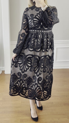 Impressive Black Embroidered Midi Dress