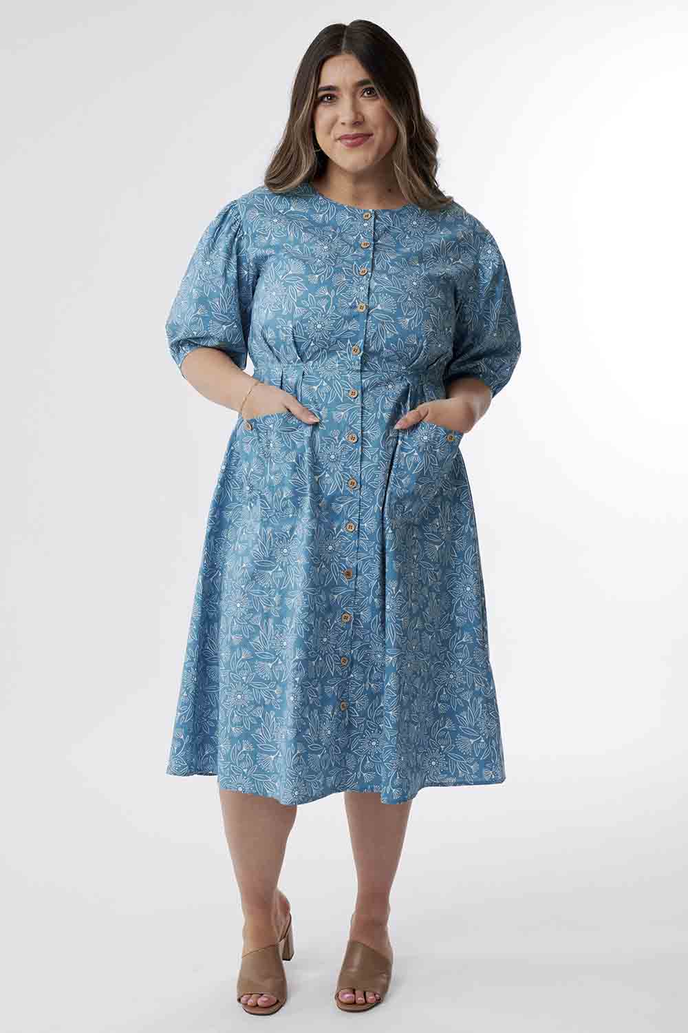 Always Ready Blue Floral Buttoned Midi Dress