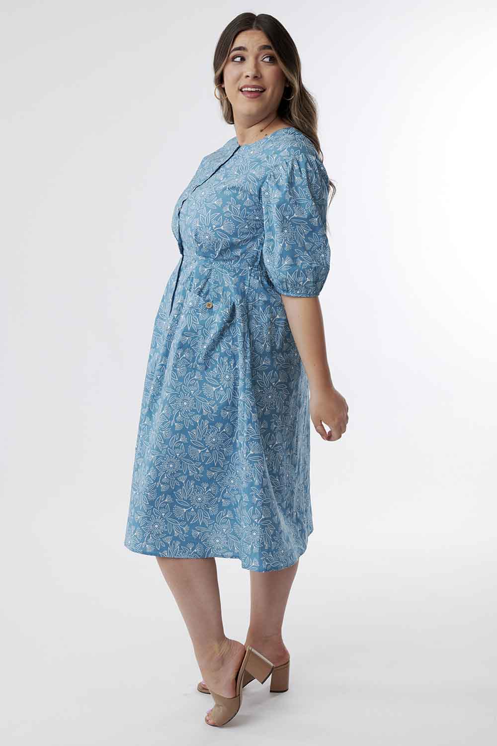 Always Ready Blue Floral Buttoned Midi Dress