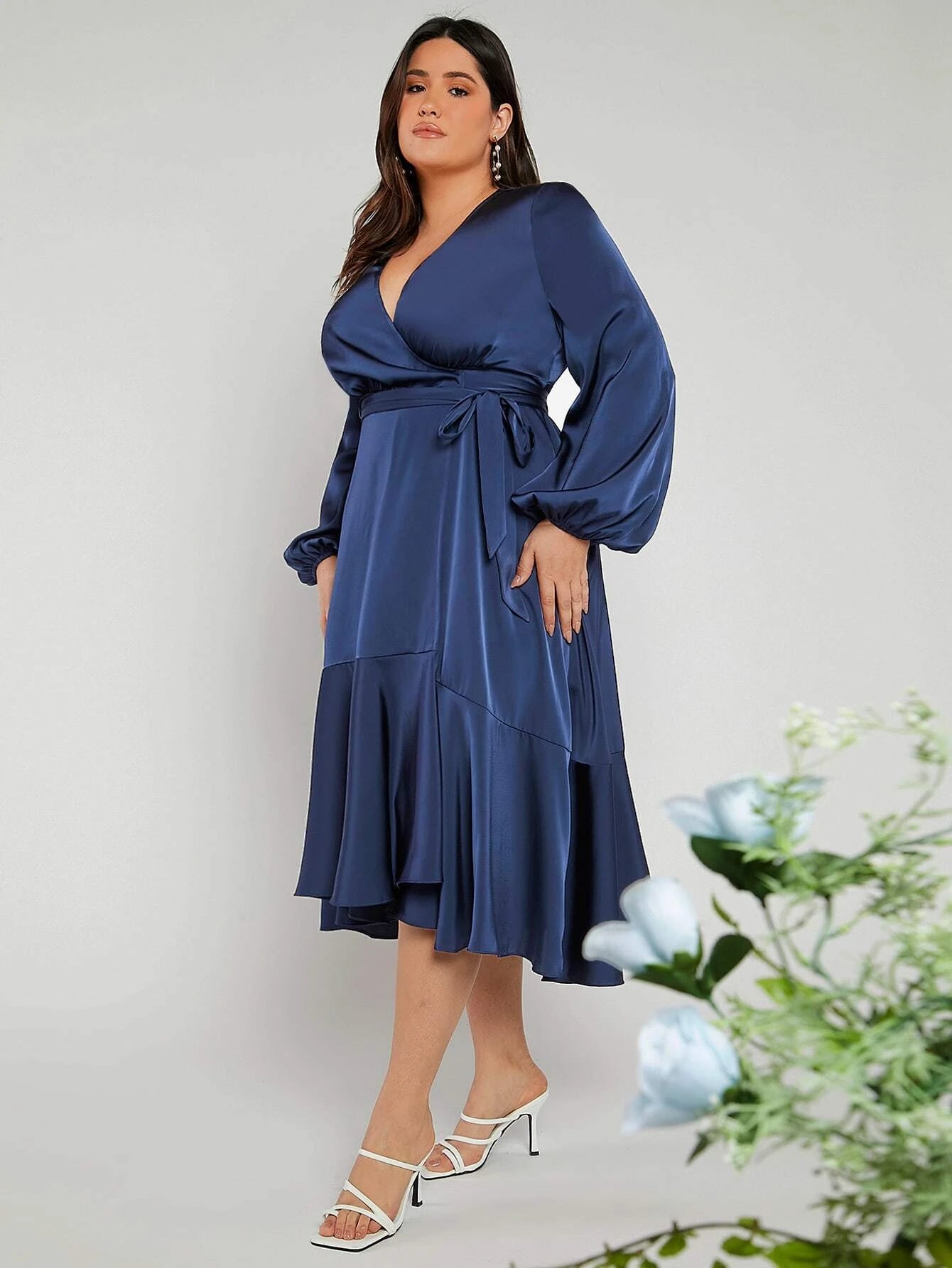 Curvy Delicate Blue Wrap Midi Dress