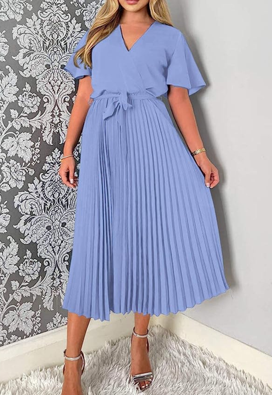 Totally Charming Blue Pleated Dress