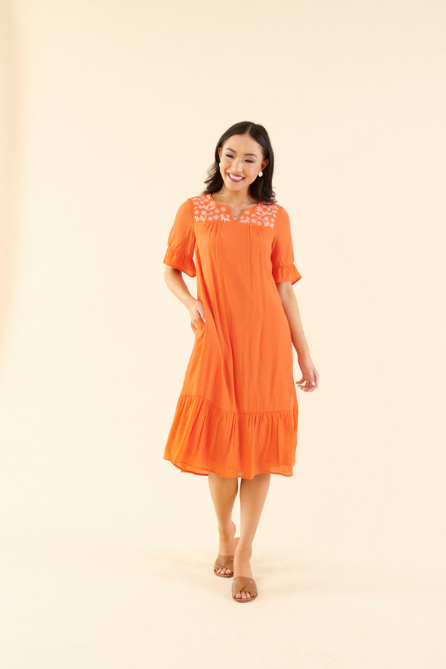 Tangerine Embroidered Yoke Dress