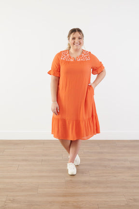 Tangerine Embroidered Yoke Dress