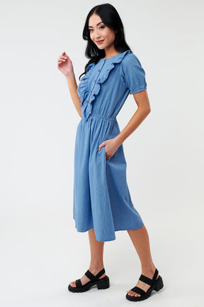 Vintage Style Ruffled Denim Midi Dress
