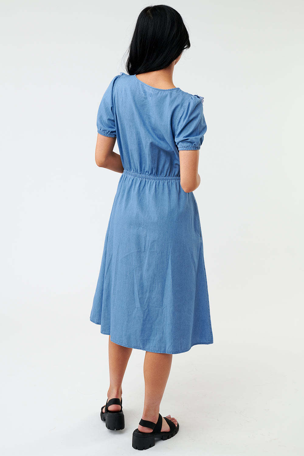 Vintage Style Ruffled Denim Midi Dress