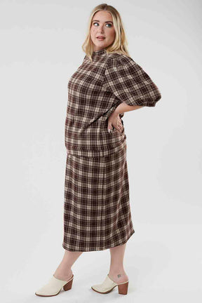 Style Puff Sleeves Plaid Top-Brown