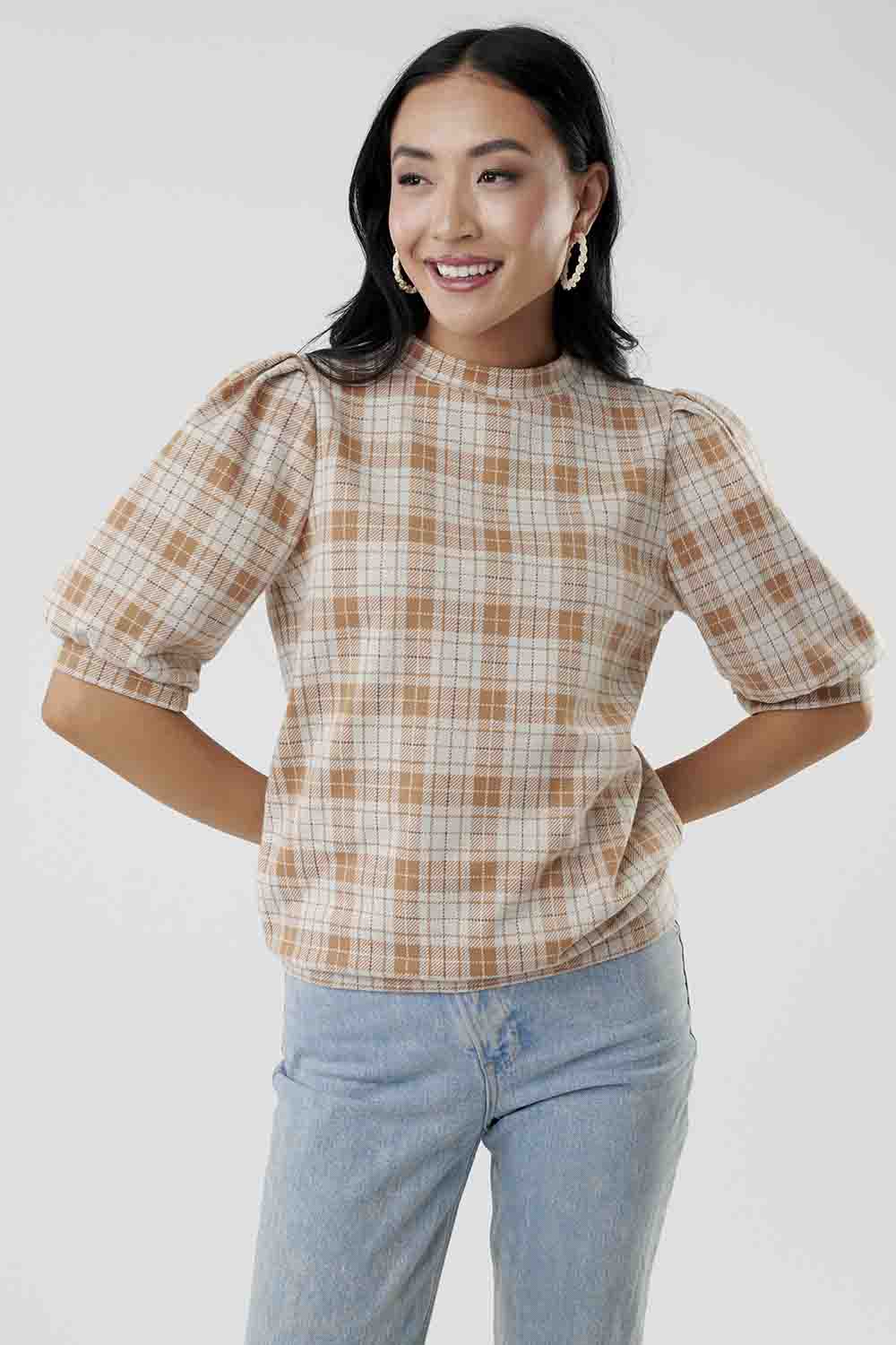 Style Puff Sleeves Plaid Top-Cream