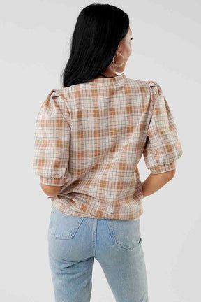 Style Puff Sleeves Plaid Top-Cream