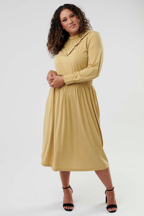Romantic Style Ruffled Midi Dress-Mustard