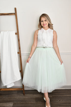 Princessa Tulle Pleated Midi Skirt- Mint