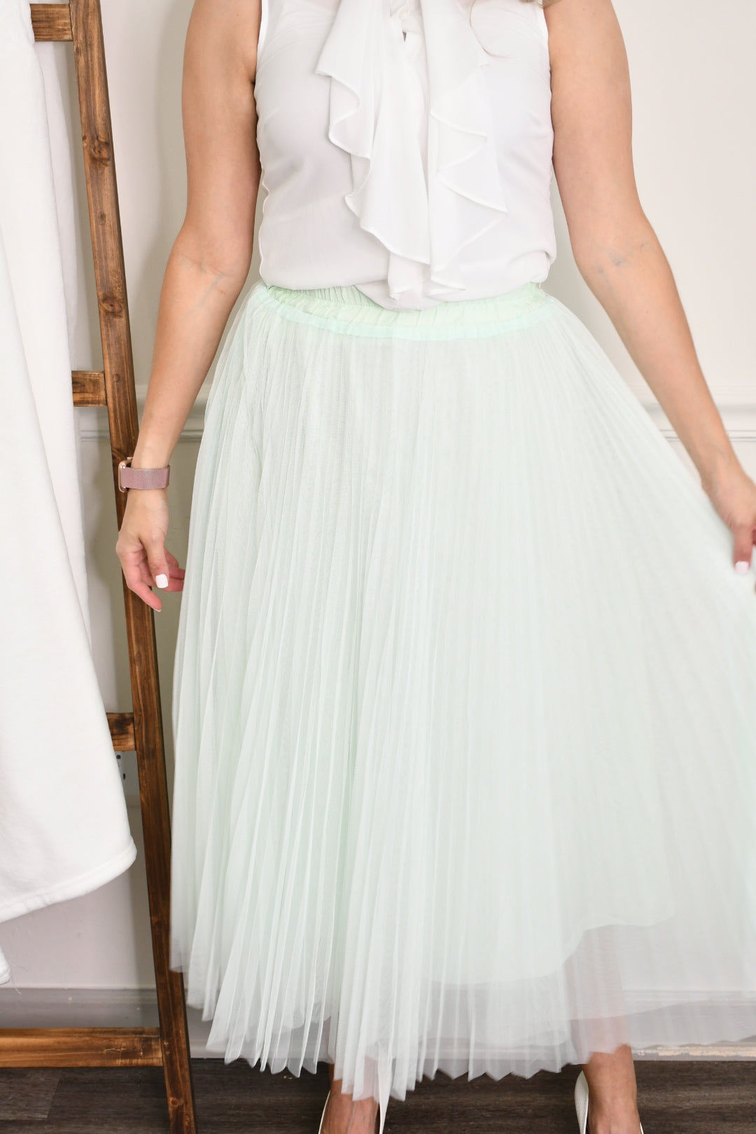 Princessa Tulle Pleated Midi Skirt- Mint