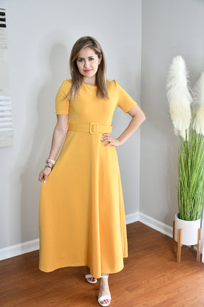 Sunny Bliss Belted Flared Yellow Midi Dress